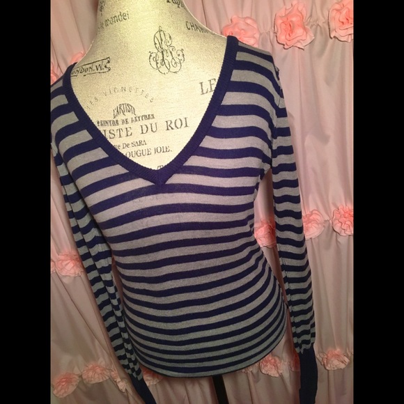 Gray and Navy Blue Striped V- Neck Sweater - Picture 6 of 10